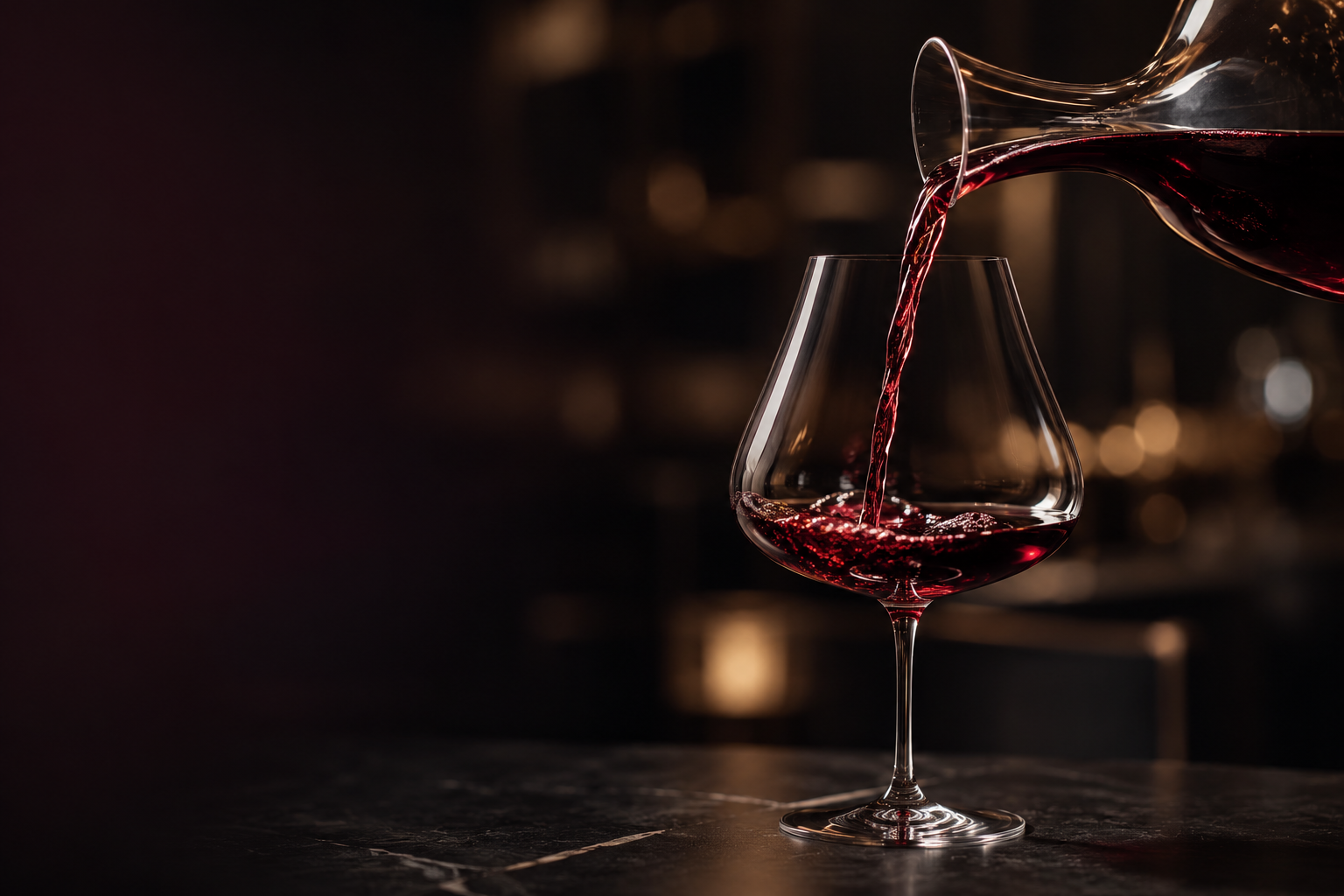 Deep garnet Pinot Noir being poured from a crystal decanter into a fine Burgundy wine glass in a dark fine-dining setting